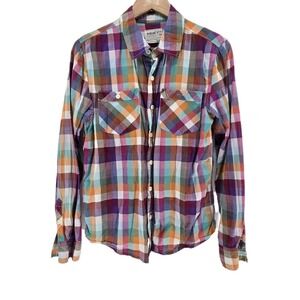 Warp + Weft Mens Medium Purple Plaid Button Down Shirt 100% Cotton